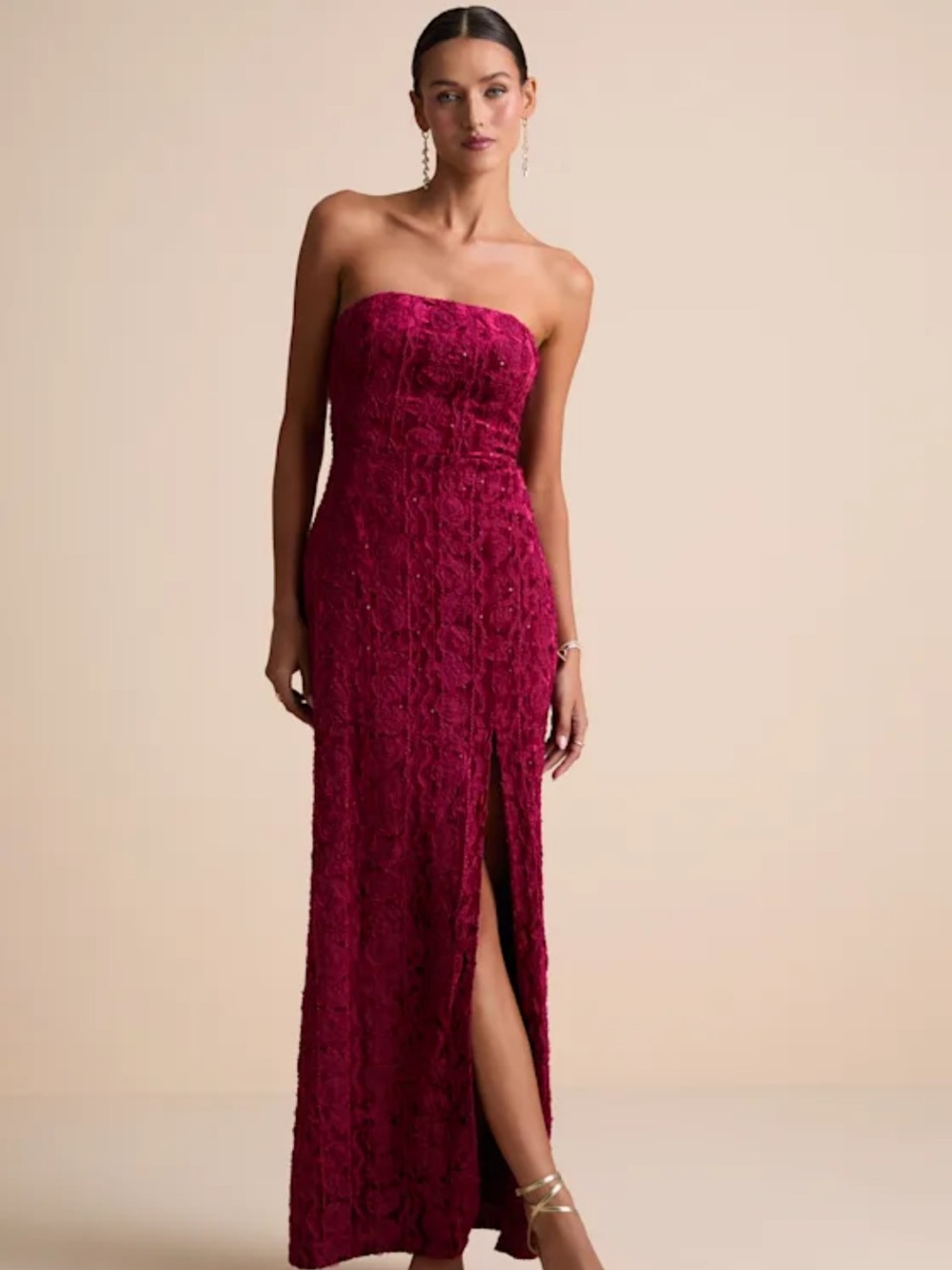 Chic Grace Burgundy Velvet Floral Applique Strapless Maxi Dress